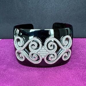 Nadri Stainless Steel Cuff Bracelet w Scrolls & Pavé CZ Center Glossy Black EUC
